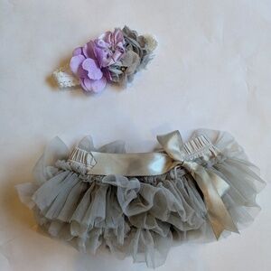 Gray Baby Ruffled Tutu Diaper Cover & Matching Flower Headband Sz 6-18 Months